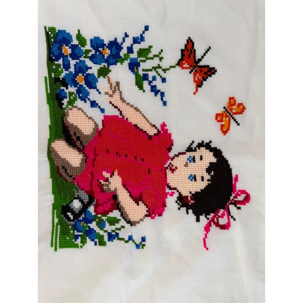 Vintage Hand Stitched Cross Stitch Pillowcases Pair Girl Flowers Butterflies Red